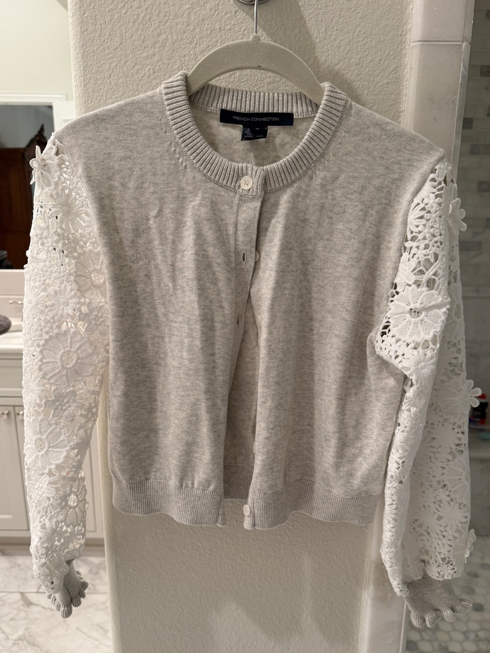 French Connection Light Gray Button Cardigan with Knit Trim